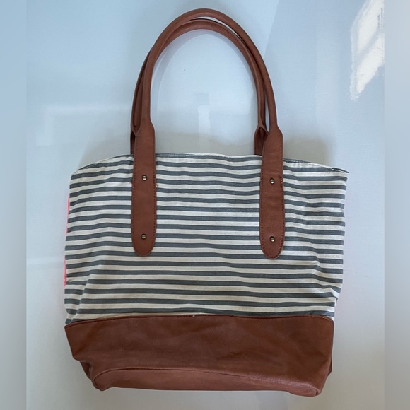 O’Neill 2-Way Canvas & Leather Tote Bag - Pink Stripe or Grey/Blue Stripe - Picture 2 of 11